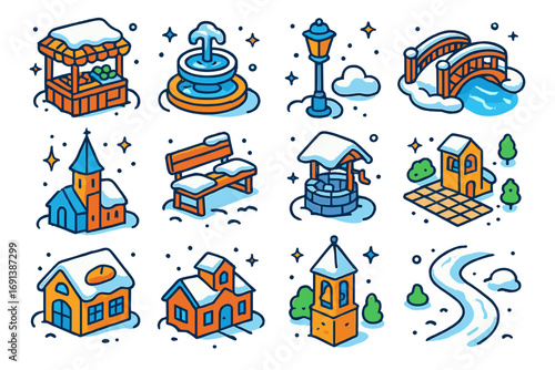 Snowy Village Icons. Colorful isometric vector icons set of snowy village life: marketplace stall in snow, frozen fountain, lamp