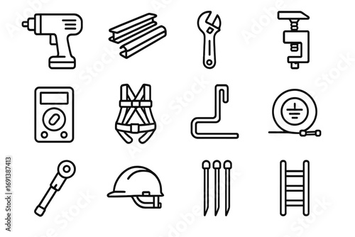 Solar Installation Tools. Outline icon set of solar installation tools: drill, mounting rails, adjustable wrench, panel clamp,