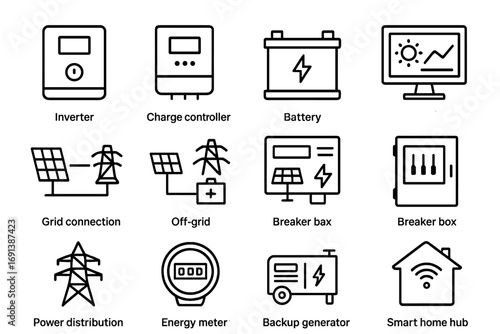 Solar Power System Icons. Outline icon set of solar power systems: inverter, charge controller, battery storage, solar monitoring