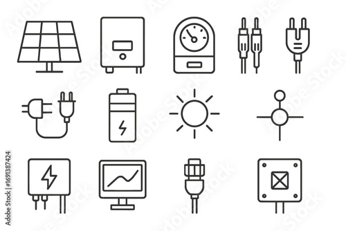 Solar Panel Icon Set. Outline icon set of solar panel integration: solar panel array, inverter box, smart meter, DC cable, AC