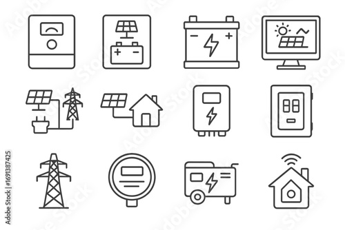 Solar Power System Icons. Outline icon set of solar power systems: inverter, charge controller, battery storage, solar monitoring