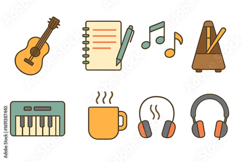 Songwriting Workshop Icons. Flat vector mini-illustrations Songwriting duo workshop in colors children's illustrations: acoustic