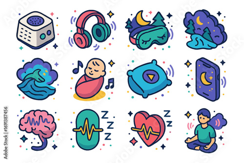 Isometric Sound Icons. Colorful isometric vector icons set of sound and sleep: white noise machine, ASMR headphones, sleeping mask