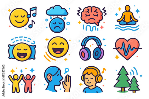 Sound and Emotions Icons. Colorful isometric vector icons set of sound and emotions: happy face with music notes, sad face with