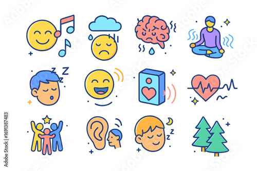 Sound and Emotions Icons. Colorful isometric vector icons set of sound and emotions: happy face with music notes, sad face with