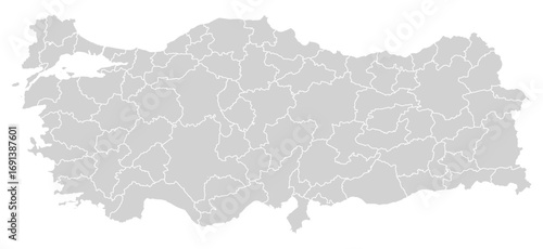 Grey with White Outline Turkey Map with District Borders Asian Country