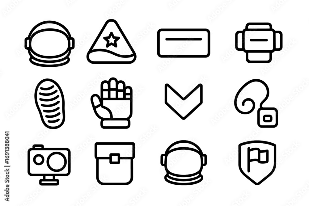 Fototapeta premium Spacesuit Icon Set. Outline icon set of spacesuit personalization and identity: helmet, mission patch, name tag, wrist computer,