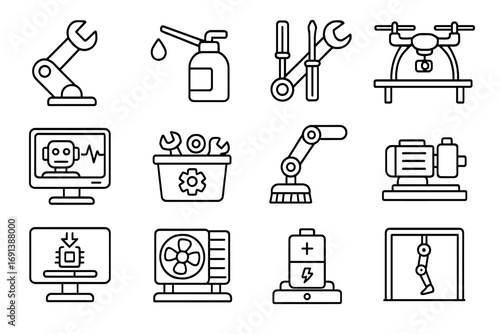 Space Robotics Icons. Outline icon set of space farm robotics maintenance: robotic wrench arm, oil and lubricant dispenser,