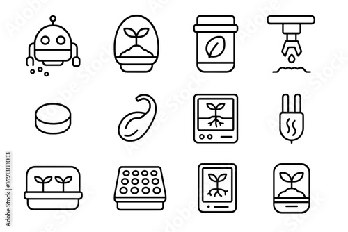 Space Seed Planting Icons. Outline icon set of automated seed planting and germination in space: seed dispenser robot, germination