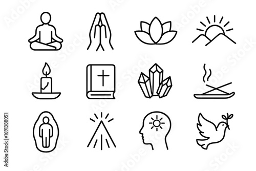 Spiritual Practices Icons. Outline icon set of Spiritual growth practices: meditation posture, prayer hands, open lotus flower,