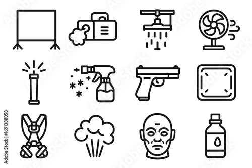 Special Effects Icons. Outline icon set of special effects gear: green screen, fog machine, rain machine, wind fan, pyrotechnic