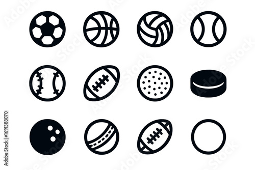 Sports Ball Icon Set. Set Logo of Ball Sports: soccer ball, basketball, volleyball, tennis ball, baseball, rugby ball, golf ball,