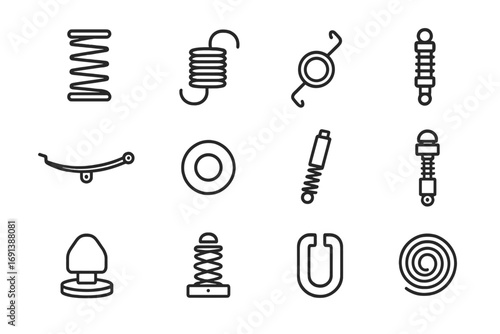Spring & Damper Icons. Outline icon set of Springs & dampers: compression spring, extension spring, torsion spring, wave spring,