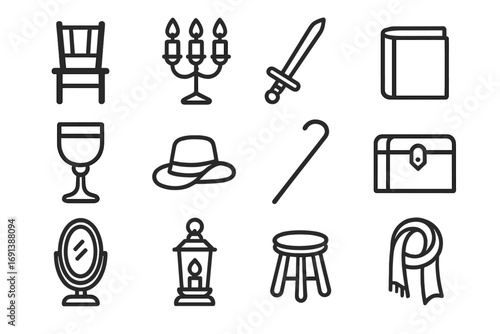 Stage Props Icons. Outline icon set of stage performance props: chair, candle holder, sword, book, goblet, hat, cane, trunk,