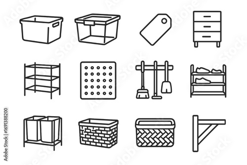 Storage Solutions Icons. Outline icon set of storage solutions and organizers: storage bin, clear box, label tag, drawer unit,