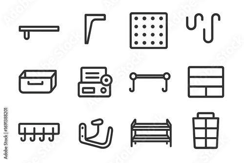 Storage Icon Set. Outline icon set of Storage & organization: wall shelf, floating bracket, pegboard panel, peg hooks, storage bin