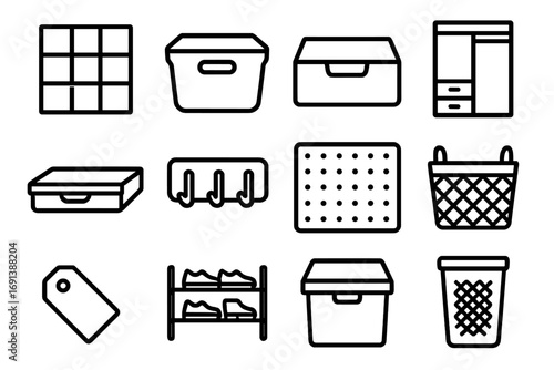Storage Solutions Icons. Outline icon set of storage and organization solutions: cubby shelf, storage bin, pull-out drawer, closet