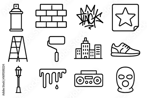 Street Art Icons. Outline icon set of street art: spray paint can, brick wall, graffiti tag, stencil, ladder, paint roller, urban
