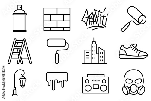 Street Art Icons. Outline icon set of street art: spray paint can, brick wall, graffiti tag, stencil, ladder, paint roller, urban