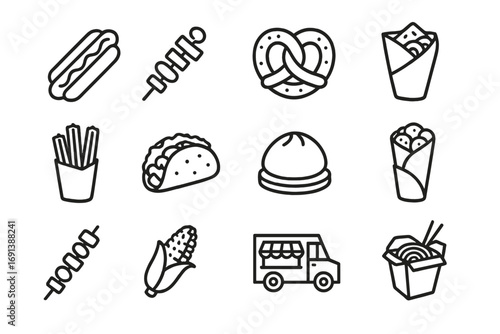 Street Food Icons. Outline icon set of street food delights: hot dog, kebab, pretzel, crepe, churro, taco, bao bun, falafel wrap,