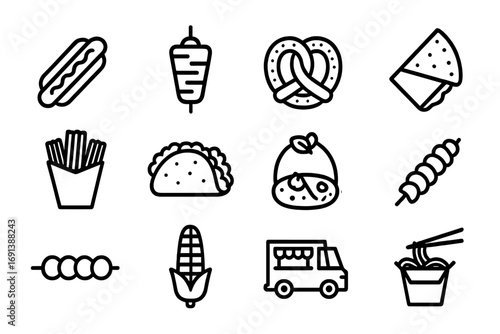 Street Food Icons. Outline icon set of street food delights: hot dog, kebab, pretzel, crepe, churro, taco, bao bun, falafel wrap,