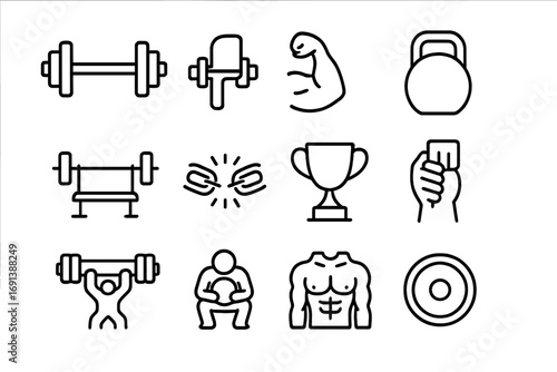 Strength Achievement Icons. Outline icon set of strength achievements: barbell, dumbbell, flexed arm, kettlebell, powerlifting