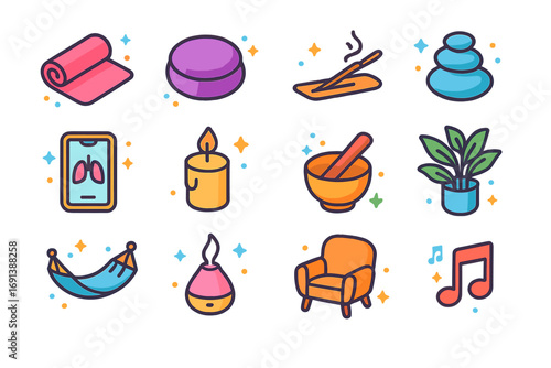 Stress Reduction Icons. Colorful isometric vector icons set of stress reduction techniques: yoga mat, meditation cushion, incense