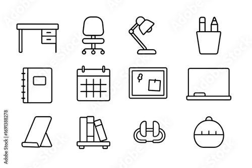 Study Space Icons. Outline icon set of study and homework zone: writing desk, adjustable chair, desk lamp, pencil holder, notebook