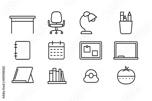 Study Space Icons. Outline icon set of study and homework zone: writing desk, adjustable chair, desk lamp, pencil holder, notebook