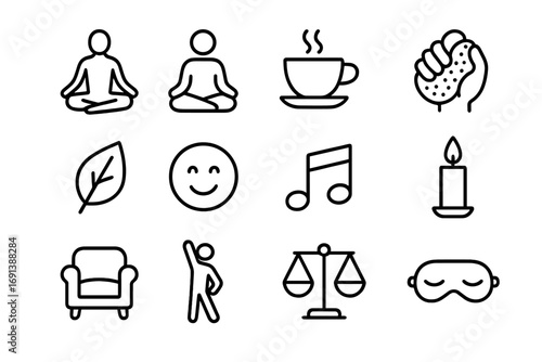 Study Stress Relief Icons. Outline icon set of stress relief while studying: yoga pose, meditation, tea cup, stress ball, nature