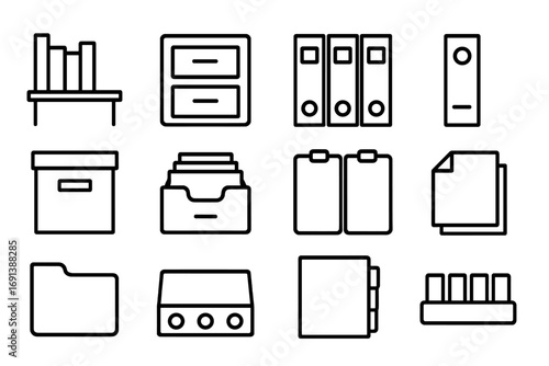 Study Materials Icons. Outline icon set of study materials organization: bookshelf, filing cabinet, labeled folders, binder,