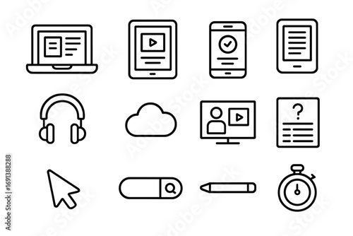 Study Tools Icons. Outline icon set of digital study tools: laptop with notes, tablet, smartphone with study app, e-book reader,