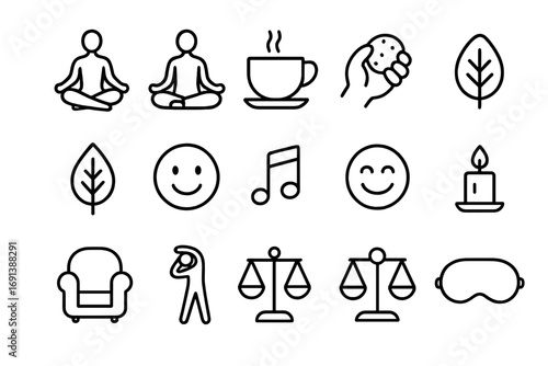 Study Stress Relief Icons. Outline icon set of stress relief while studying: yoga pose, meditation, tea cup, stress ball, nature