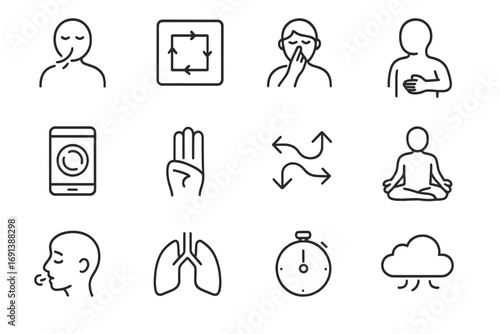 Stress Relief Breathing Icons. Outline icon set of Stress relief breathing exercises: deep breathing icon, box breathing diagram,