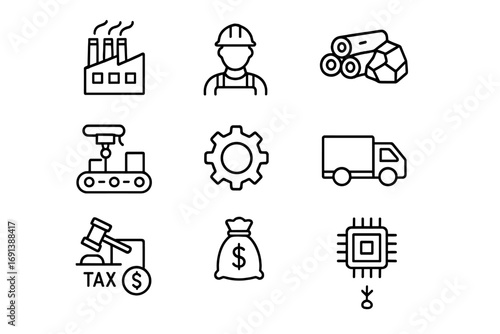 Supply Curve Factors. Outline icon set of supply curve factors: factory, worker, raw materials icon, production line, machine gear