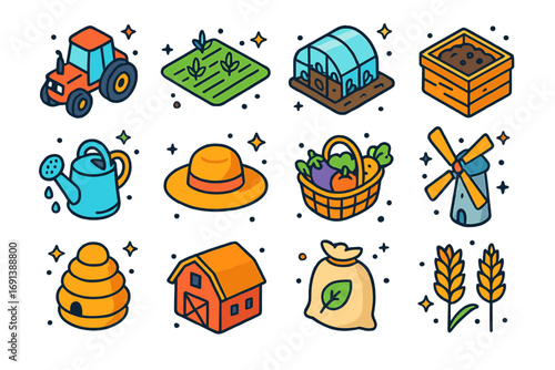 Sustainable Farming Icons. Colorful isometric vector icons set of sustainable farming activism: tractor, organic field, greenhouse