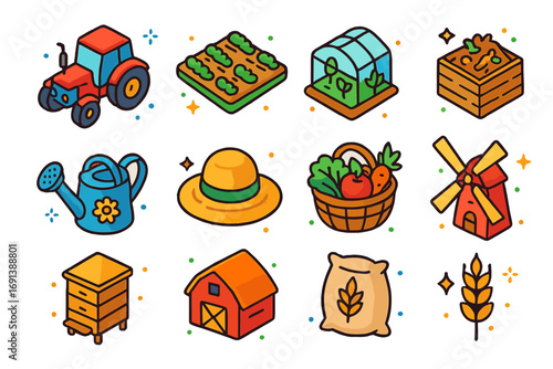 Sustainable Farming Icons. Colorful isometric vector icons set of sustainable farming activism: tractor, organic field, greenhouse
