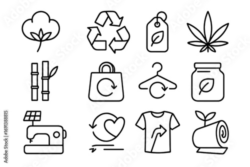 Sustainable Fashion Icons. Outline icon set of sustainable fashion: organic cotton, recycle symbol, eco tag, hemp leaf, bamboo