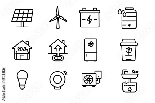 Sustainable Home Icons. Outline icon set of residential renewable energy: solar panel, wind turbine, home battery, rainwater