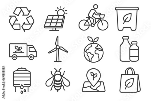 Sustainable Icons Grid. Outline icon set of sustainable food systems: recycling arrows, solar panel, bicycle delivery, composting