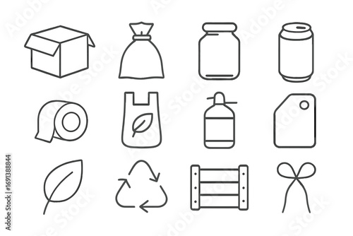 Sustainable Packaging Icons. Outline icon set of sustainable packaging solutions: corrugated box, biodegradable pouch, glass jar,
