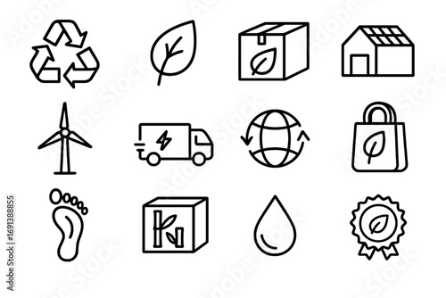 Sustainable Supply Chain Icons. Outline icon set of sustainable supply chains: recycling arrows, green leaf icon, eco-friendly