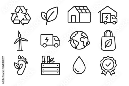 Sustainable Supply Chain Icons. Outline icon set of sustainable supply chains: recycling arrows, green leaf icon, eco-friendly
