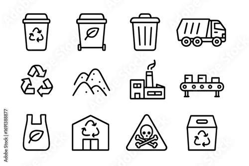 Sustainable Waste Icons. Outline icon set of sustainable waste management in cities: recycling bin, compost bin, trash can, waste