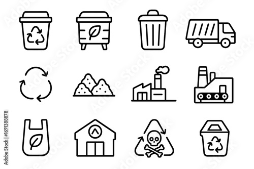 Sustainable Waste Icons. Outline icon set of sustainable waste management in cities: recycling bin, compost bin, trash can, waste
