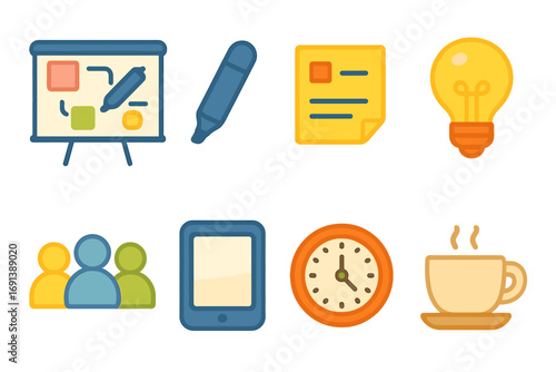 Teamwork Icons Grid. Flat vector mini-illustrations Workplace brainstorming session with digital whiteboard in colors children’s