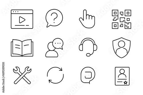Tech Support Icons. Outline icon set of onboarding and tech support: tutorial steps, help question mark, guide hand, QR code,