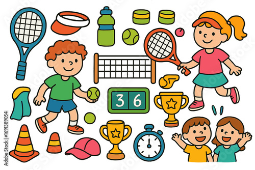 Tennis Doodle Fun. Colorful Hand-drawn doodle Children illustration tennis play tennis racket, ball, net, sneakers, visor,