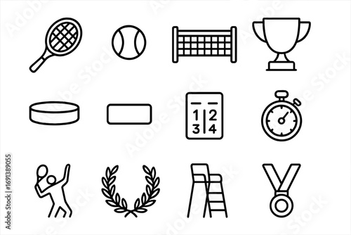 Tennis Icons Collection. Outline icon set of tennis achievements: tennis racket, ball, net, championship trophy, headband,