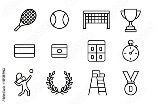 Tennis Icons Collection. Outline icon set of tennis achievements: tennis racket, ball, net, championship trophy, headband,